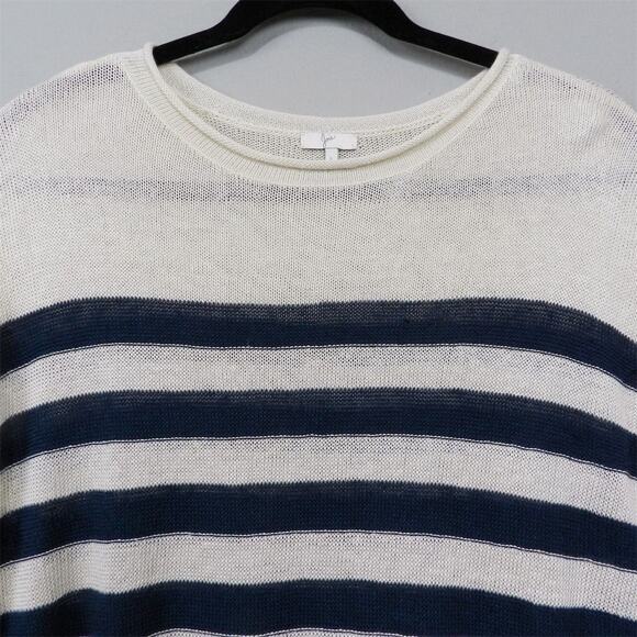 Joie Linen Pullover Fisherman Sweater Size L Navy Blue Ivory Striped Knit - Picture 5 of 10